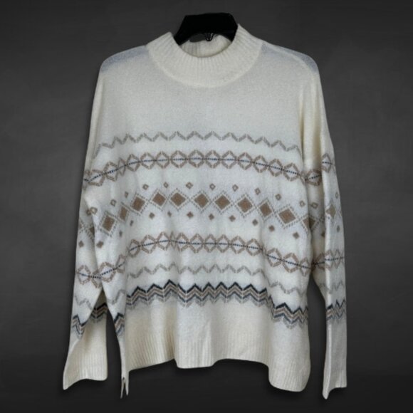 Talbots Petite Sweater Fair Isle Pattern Mock Neck Stretch Fabric Ivory W US XLP - Picture 2 of 9